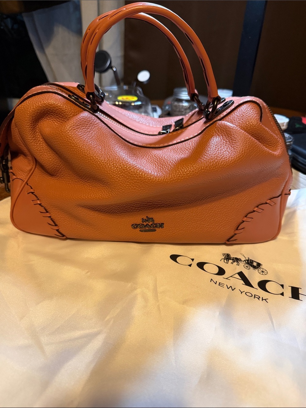 Coach Orange Pebbled Leather Satchel with Whipstitch Detail no strap.